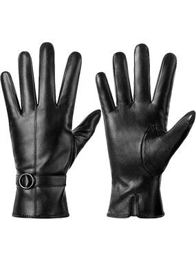 Women's Black Leather Touchscreen Lambskin Cashmere Lined Christmas Gloves